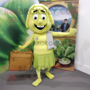 Olive Caesar Salad mascot costume character dressed with a Pencil Skirt and Briefcases