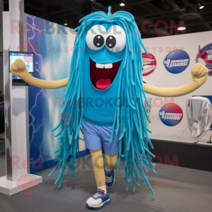 Cyan Spaghetti mascot costume character dressed with a Running Shorts and Earrings