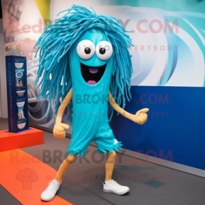 Cyan Spaghetti mascot costume character dressed with a Running Shorts and Earrings