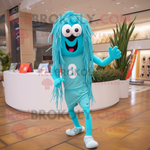 Cyan Spaghetti mascot costume character dressed with a Running Shorts and Earrings