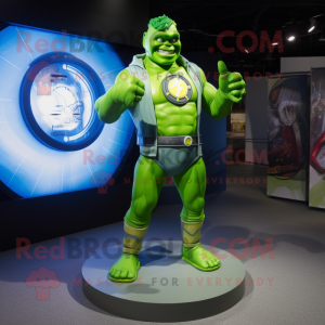 Lime Green Superhero mascot costume character dressed with a Denim Shirt and Rings