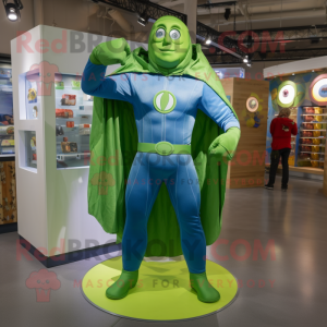 Lime Green Superhero mascot costume character dressed with a Denim Shirt and Rings