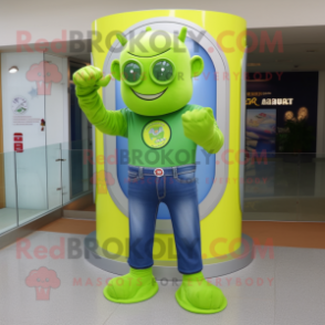 Lime Green Superhero mascot costume character dressed with a Denim Shirt and Rings