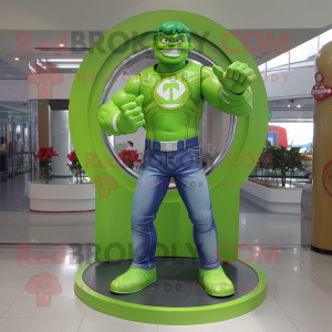 Lime Green Superhero mascot costume character dressed with a Denim Shirt and Rings