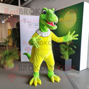 Lime Green Spinosaurus mascot costume character dressed with a Jumpsuit and Scarves