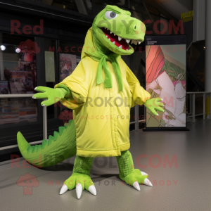 Lime Green Spinosaurus mascot costume character dressed with a Jumpsuit and Scarves