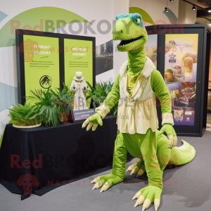 Lime Green Spinosaurus mascot costume character dressed with a Jumpsuit and Scarves