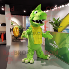 Lime Green Spinosaurus mascot costume character dressed with a Jumpsuit and Scarves