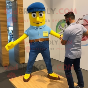 Yellow Knife Thrower mascot costume character dressed with a Chambray Shirt and Smartwatches