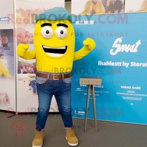 Yellow Knife Thrower mascot costume character dressed with a Chambray Shirt and Smartwatches