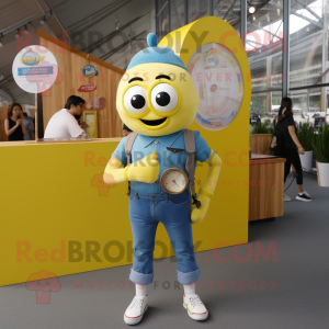 Yellow Knife Thrower mascot costume character dressed with a Chambray Shirt and Smartwatches