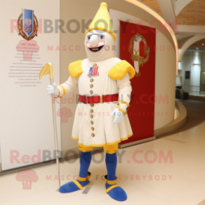 Cream Swiss Guard mascot costume character dressed with a Skinny Jeans and Brooches