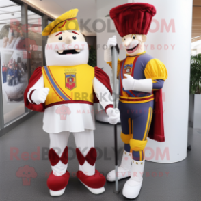 Cream Swiss Guard mascot costume character dressed with a Skinny Jeans and Brooches