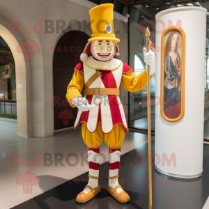 Cream Swiss Guard mascot costume character dressed with a Skinny Jeans and Brooches