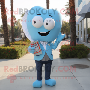 Sky Blue Love Letter mascot costume character dressed with a Suit Pants and Tie pins