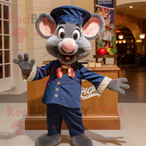Navy Ratatouille mascot costume character dressed with a Denim Shirt and Bow ties