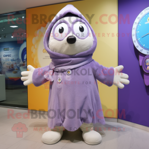 Lavender Wrist Watch mascot costume character dressed with a Parka and Shawls