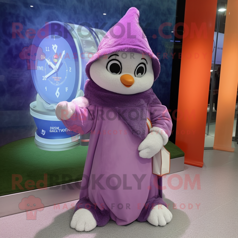 Lavender Wrist Watch mascot costume character dressed with a Parka and Shawls