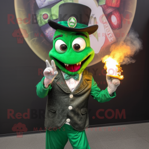 Forest Green Fire Eater mascot costume character dressed with a Jacket and Tie pins