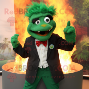 Forest Green Fire Eater mascot costume character dressed with a Jacket and Tie pins