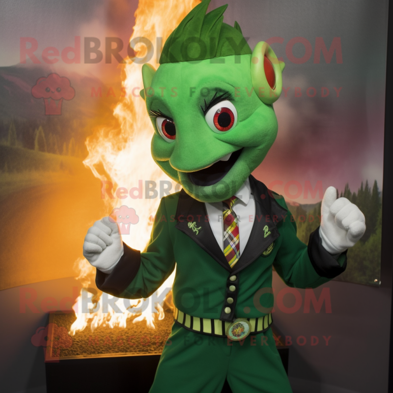 Forest Green Fire Eater mascot costume character dressed with a Jacket and Tie pins