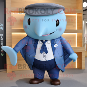 Brown Blue Whale mascot costume character dressed with a Trousers and Tie pins