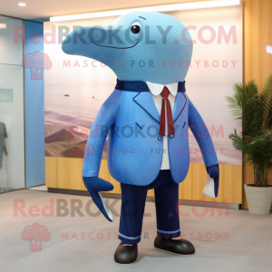 Brown Blue Whale mascot costume character dressed with a Trousers and Tie pins