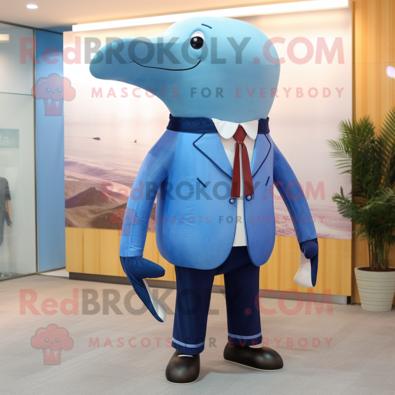Brown Blue Whale mascot costume character dressed with a Trousers and Tie pins Brown Blue Whale mascot costume character dressed with a Trousers and Tie pins