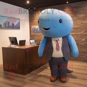 Brown Blue Whale mascot costume character dressed with a Trousers and Tie pins