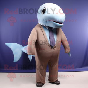 Brown Blue Whale mascot costume character dressed with a Trousers and Tie pins