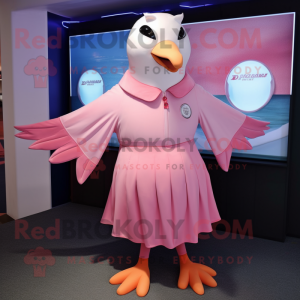 Pink Gull mascot costume character dressed with a Playsuit and Lapel pins