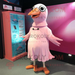 Pink Gull mascot costume character dressed with a Playsuit and Lapel pins