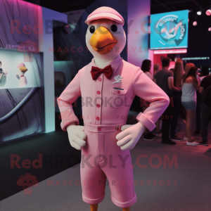 Pink Gull mascot costume character dressed with a Playsuit and Lapel pins