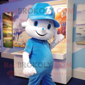 Blue Ray mascot costume character dressed with a Henley Shirt and Caps