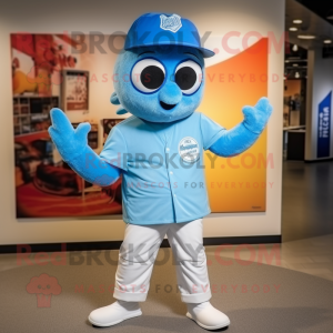 Blue Ray mascot costume character dressed with a Henley Shirt and Caps