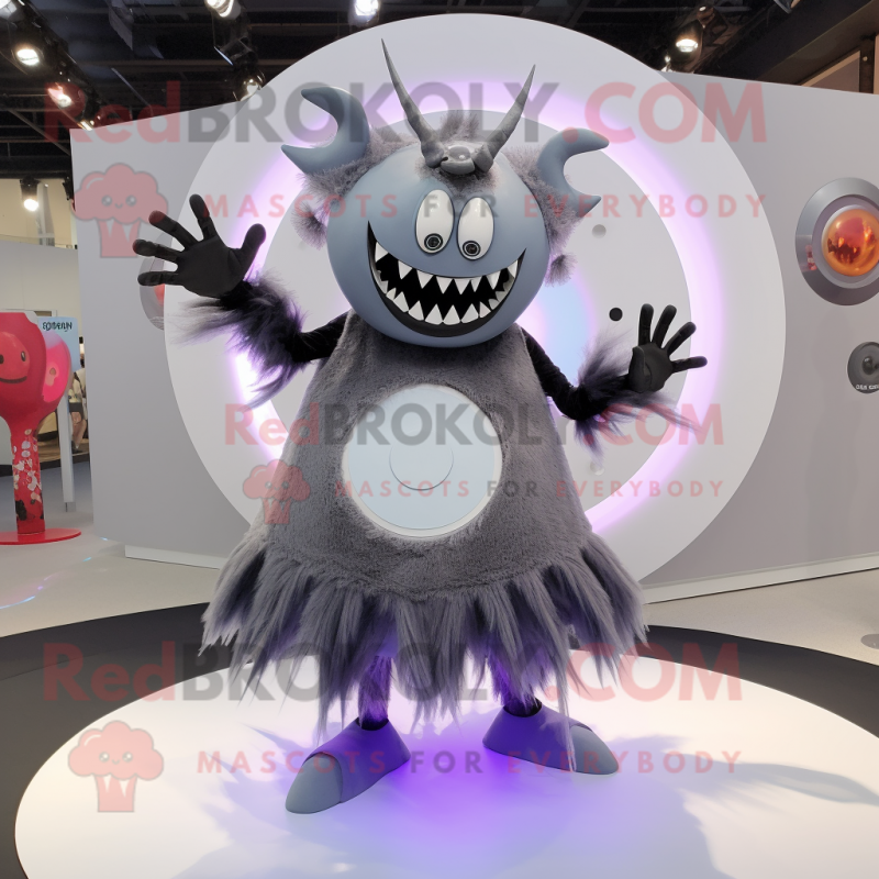 Gray Demon mascot costume character dressed with a Circle Skirt and Hairpins