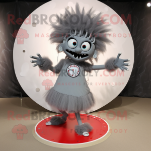 Gray Demon mascot costume character dressed with a Circle Skirt and Hairpins