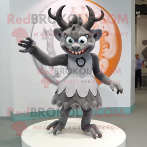 Gray Demon mascot costume character dressed with a Circle Skirt and Hairpins