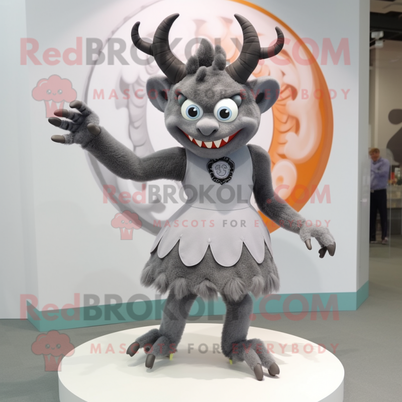 Gray Demon mascot costume character dressed with a Circle Skirt and Hairpins Gray Demon mascot costume character dressed with a Circle Skirt and Hairpins
