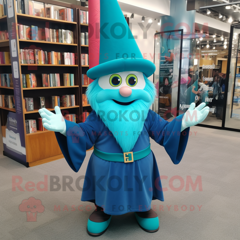 Teal Wizard mascot costume character dressed with a Jeans and Foot pads Teal Wizard mascot costume character dressed with a Jeans and Foot pads