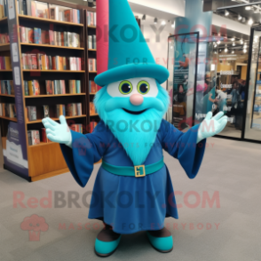 Teal Wizard mascot costume character dressed with a Jeans and Foot pads