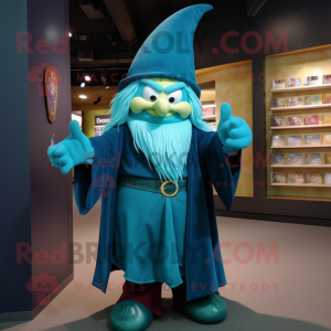 Teal Wizard mascot costume character dressed with a Jeans and Foot pads