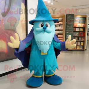 Teal Wizard mascot costume character dressed with a Jeans and Foot pads