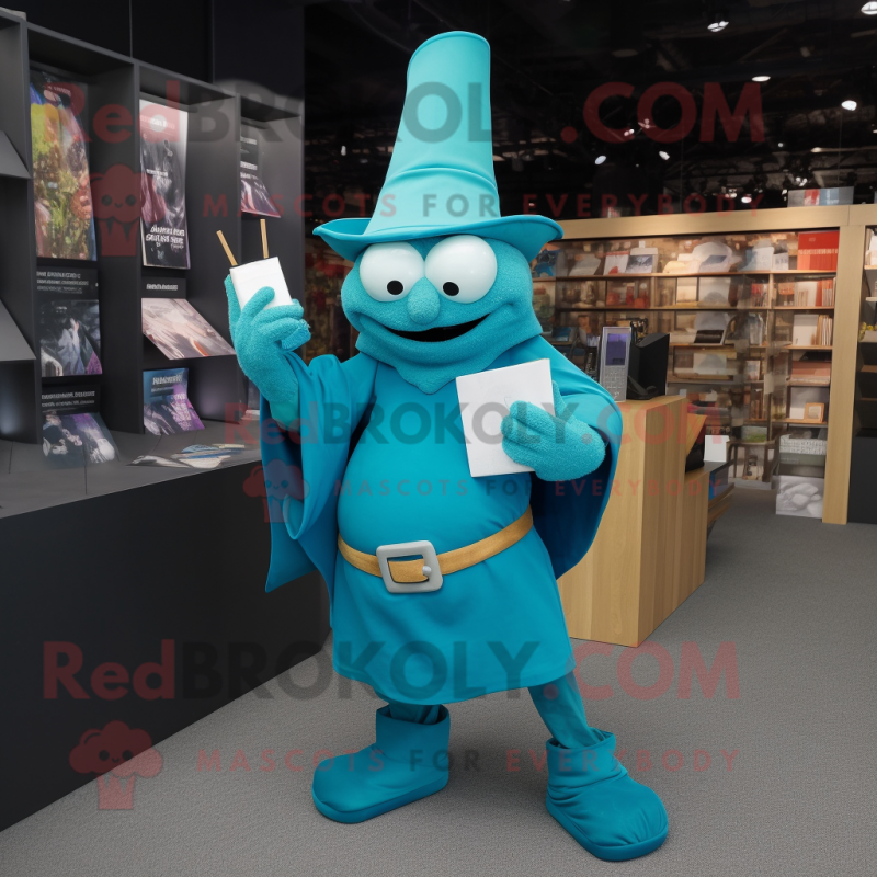 Teal Wizard mascot costume character dressed with a Jeans and Foot pads