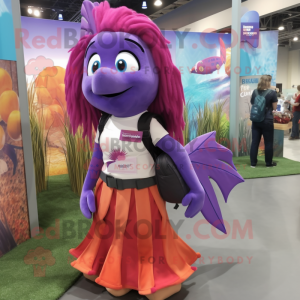 Purple Betta Fish mascot costume character dressed with a Maxi Skirt and Backpacks