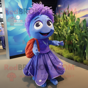 Purple Betta Fish mascot costume character dressed with a Maxi Skirt and Backpacks