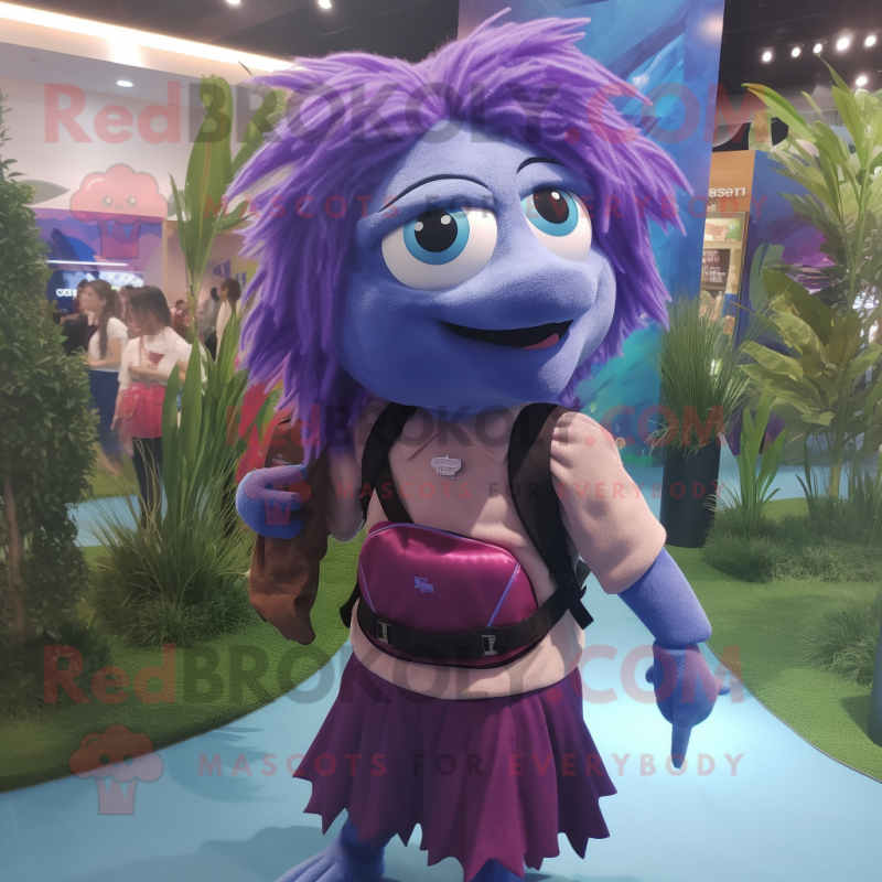 Purple Betta Fish mascot costume character dressed with a Maxi Skirt and Backpacks