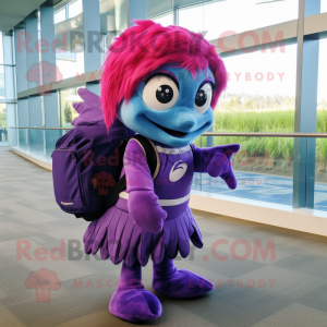 Purple Betta Fish mascot costume character dressed with a Maxi Skirt and Backpacks