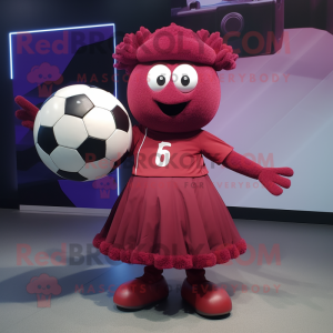 Maroon Soccer Ball mascot costume character dressed with a Ball Gown and Caps