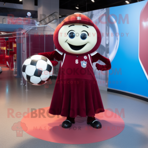 Maroon Soccer Ball mascot costume character dressed with a Ball Gown and Caps